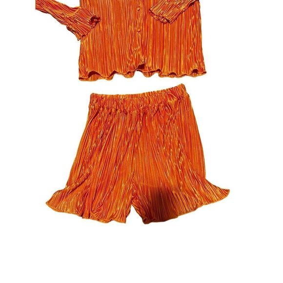 Womens Orange Long Sleeve Button Up with Matching Shorts Set Small - Picture 7 of 8